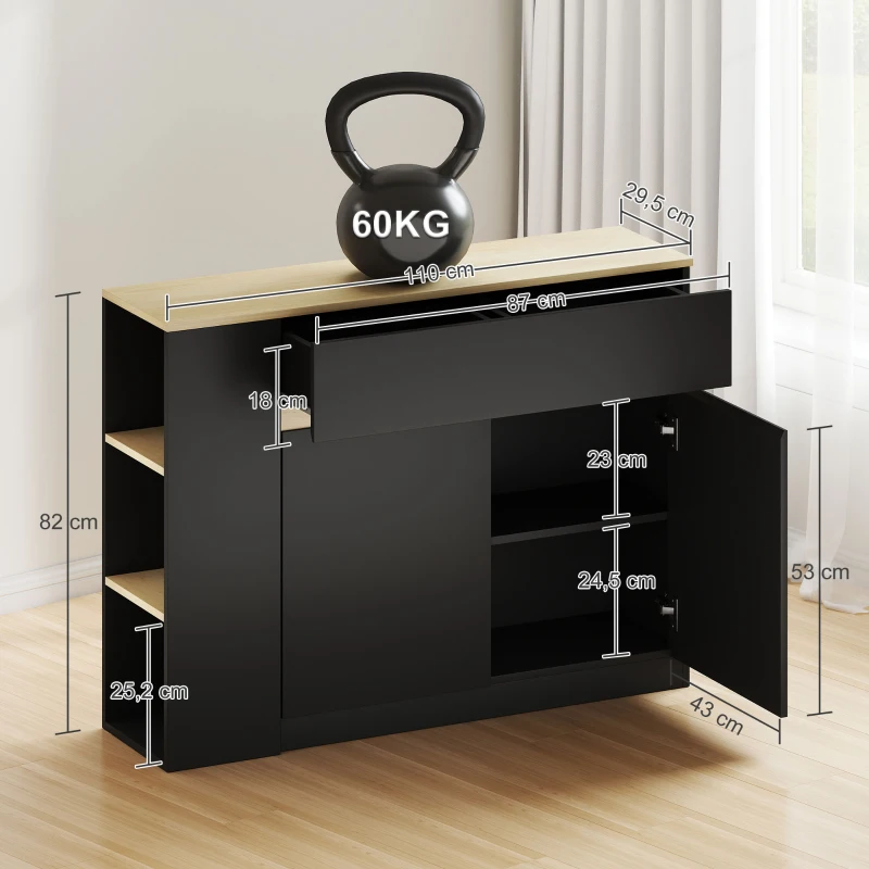 HOMCOM Buffet meuble de rangement avec 2 tiroirs 3 étagères ouvertes et placard 2 portes 110 x 29,5 x 82 cm noir