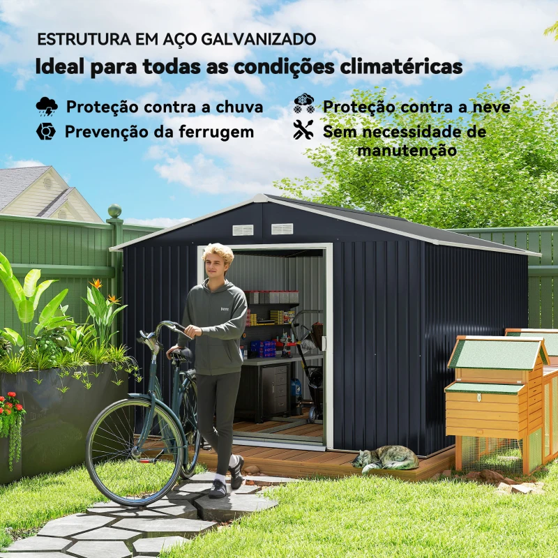 Outsunny Abrigo de Jardim Metálico para Armazenamento de Ferramentas com Base de Reforço Incluída e 4 Janelas 277x322x192 cm Cinza Escuro