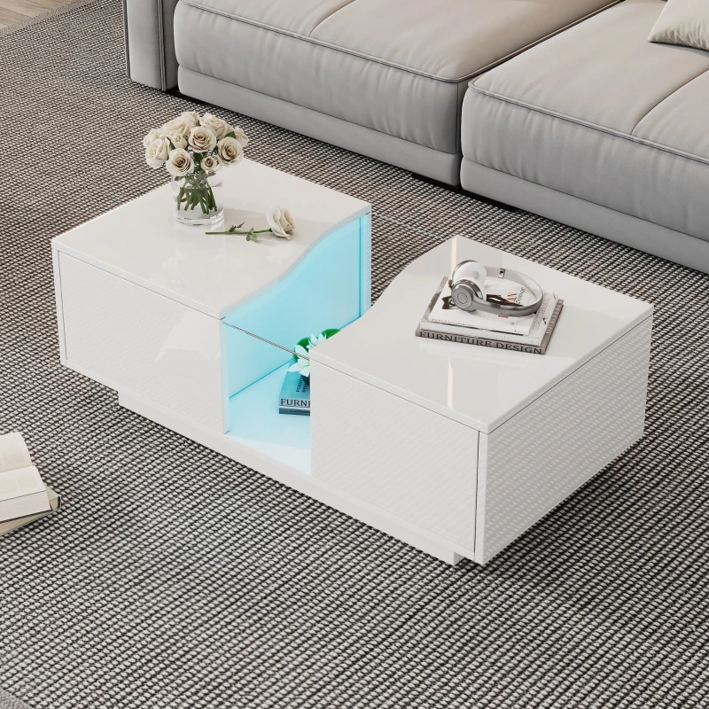 Modern Coffee Table with 2 Storage Drawers, High Gloss Finish, Customisable LED Lights, Ideal for Living Room, 100L x 50W x 35H cm, White