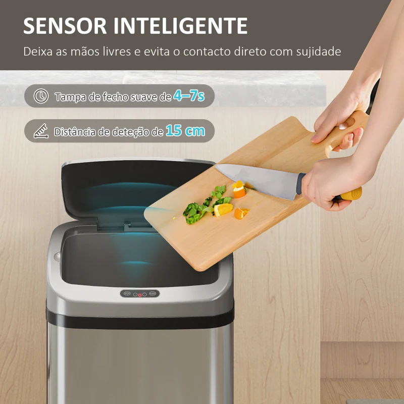 HOMCOM Balde de Lixo Automático para Cozinha 48 L Sensor Infravermelho Fechamento Automático Antimarcas Aço Inoxidável 33x25x69 cm Prata