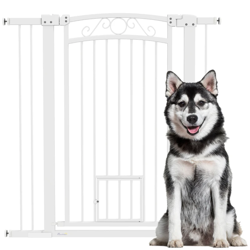 PawHut Barrera de Seguridad para Perros con Ancho Ajustable 76-104 cm con 2 Extensiones para Escalera Puerta Blanco