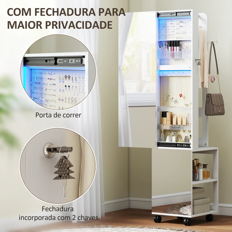 HOMCOM Espelho com Arrumação para Joias Luzes LED Armário para Joias com Rotação de 360° e Fecho com Chave 37x40x165,5 cm Branco