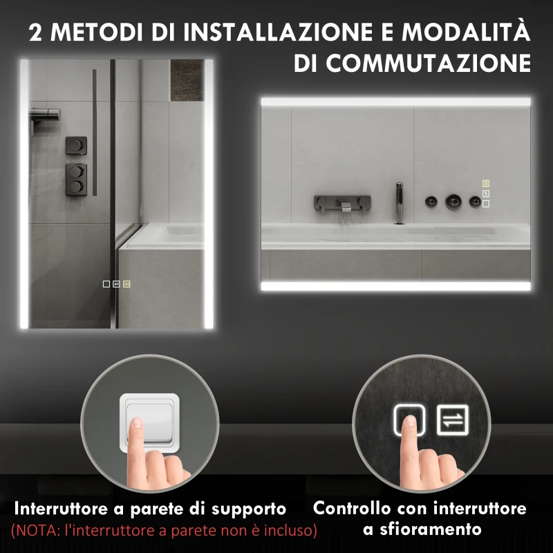 HOMCOM Specchio da Bagno con Luce LED a 3 Colori e Funzione Memory, in Vetro Temperato, 70x50x3 cm, Argento
