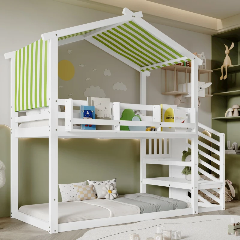3ft Bunk Bed with Decorative Canopy, Corner Staircase, Picture Bookshelf, MDF and Pinewood Frame, 250L x 108W x 228.5H cm, White+Green