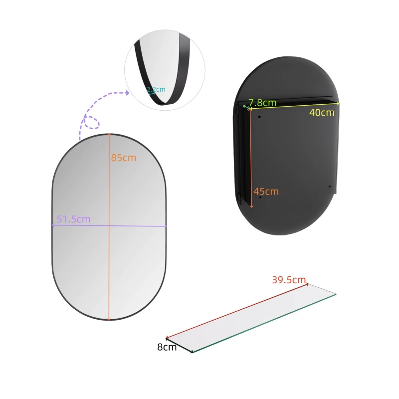 Armadio a specchio ovale da parete, armadietto con specchio e spazio interno per bagno, soggiorno e camera da letto, 85x51,5x12 cm, Nero