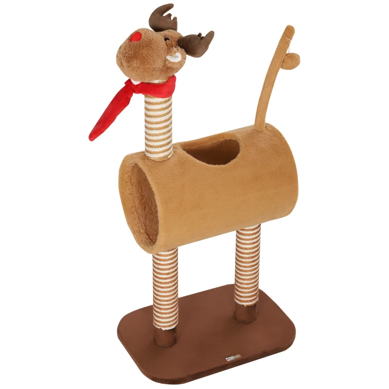 PawHut Kratzbaum 98 cm Katzenturm im Hirschdesign, mit Höhle, Spielball, Jutestämme Braun