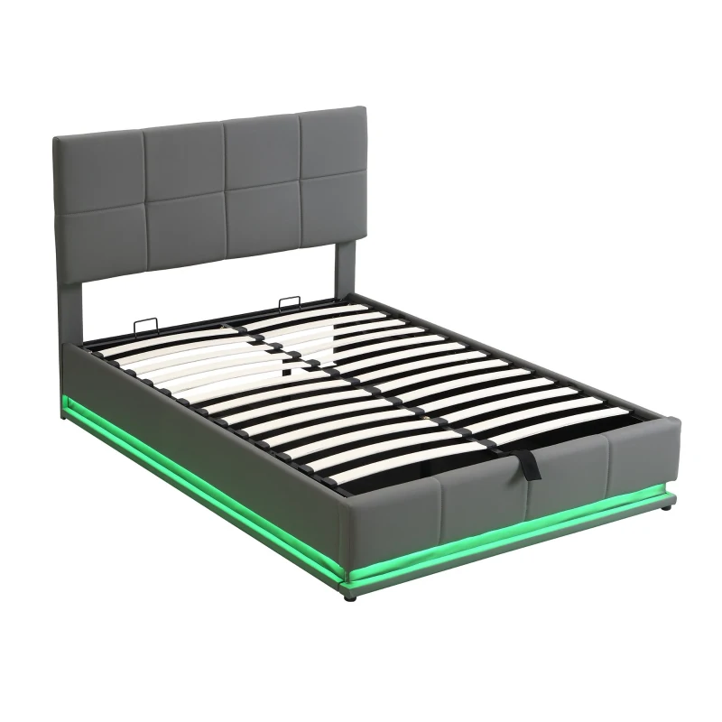 Ottoman Double Bed with PU Leather Finish, LED Lighting, Hydraulic Storage Bed with Adjustable Headboard, 193L x 142W x 111H cm, Grey