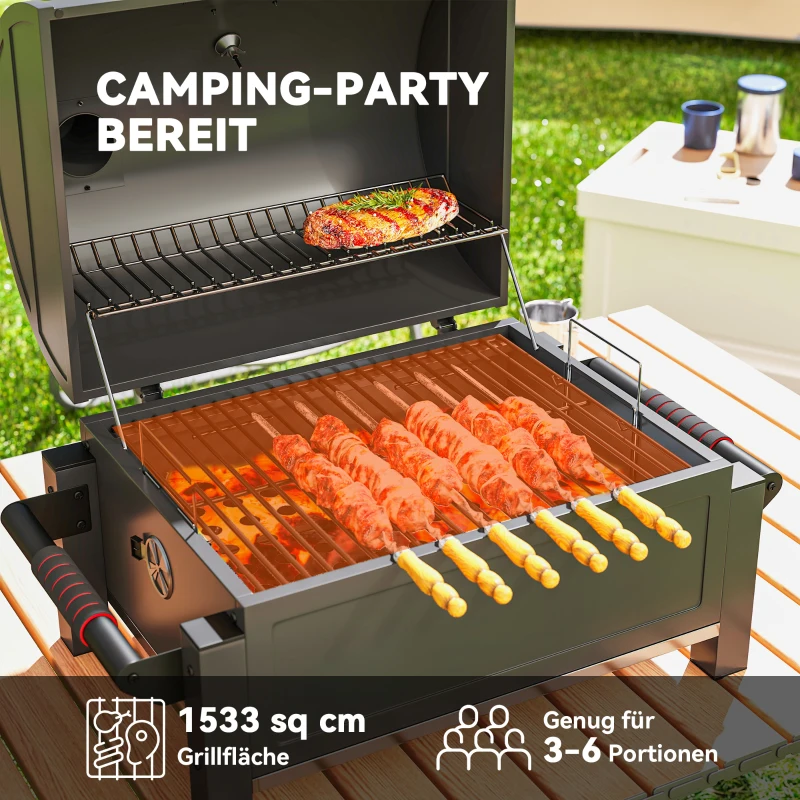 Outsunny Kohlegrill mit Deckel, Warmhalterost, Aschefach, Thermometer, rostfrei, 67 x 53 x 55cm, Schwarz/Rot