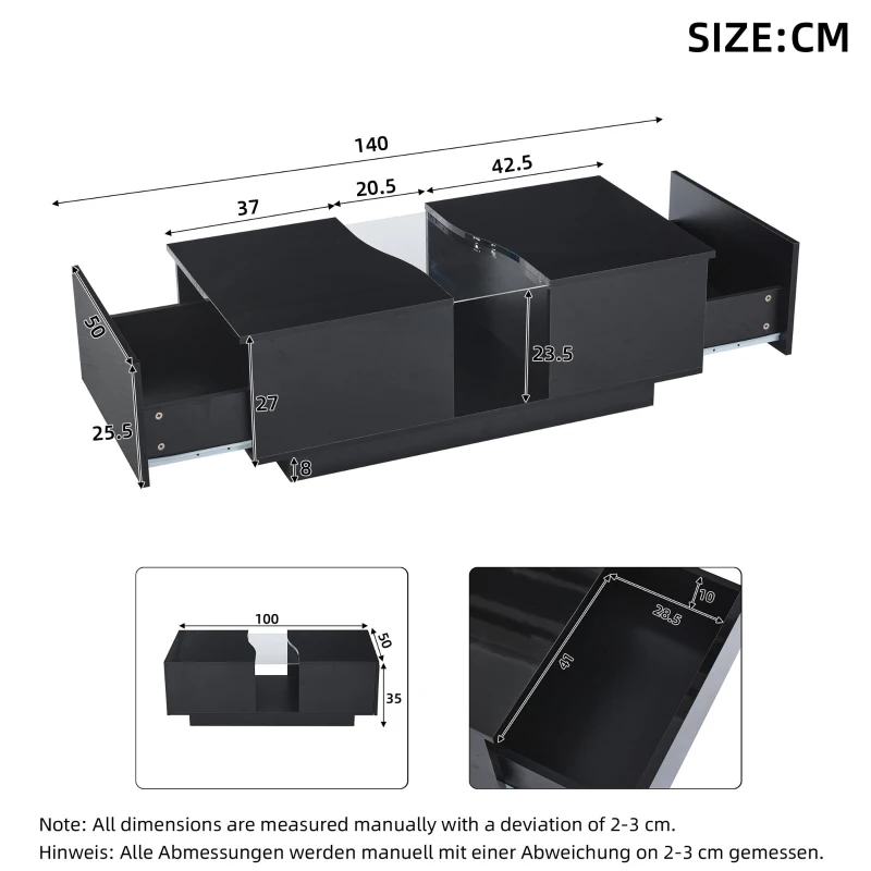 Modern High Gloss Coffee Table with 2 Storage Drawers, Unique Shape Centre Table with Customisable LED Lights, 100L x 50W x 35H cm, Black