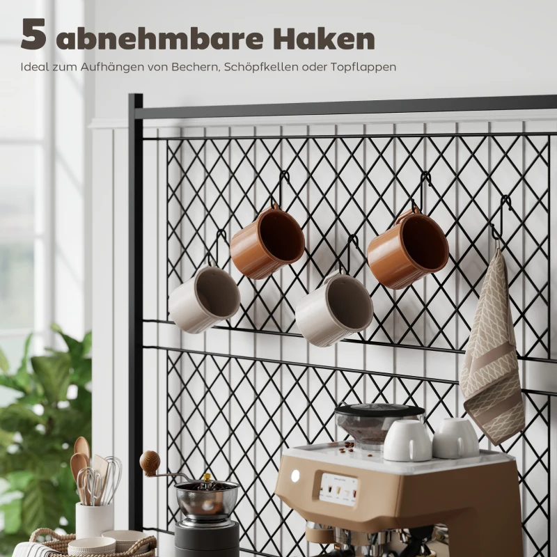 HOMCOM Küchenregal mit Arbeitsfläche, Metallgitterpaneele, 5 Haken, Küchenschrank für Gewürze, Töpfe, Pfannen, Braun(m-6)