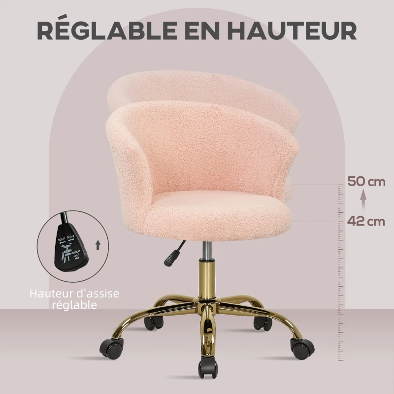 Vinsetto Chaise de bureau, fauteuil de bureau ergonomique réglable en hauteur, siège pivotante, piètement en acier, rose