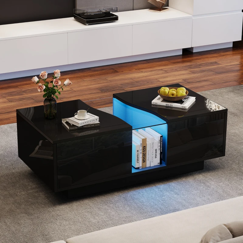 Modern High Gloss Coffee Table with 2 Storage Drawers, Unique Shape Centre Table with Customisable LED Lights, 100L x 50W x 35H cm, Black