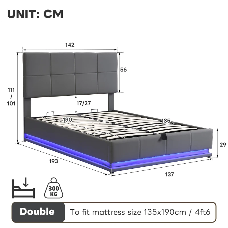 Ottoman Double Bed with PU Leather Finish, LED Lighting, Hydraulic Storage Bed with Adjustable Headboard, 193L x 142W x 111H cm, Grey