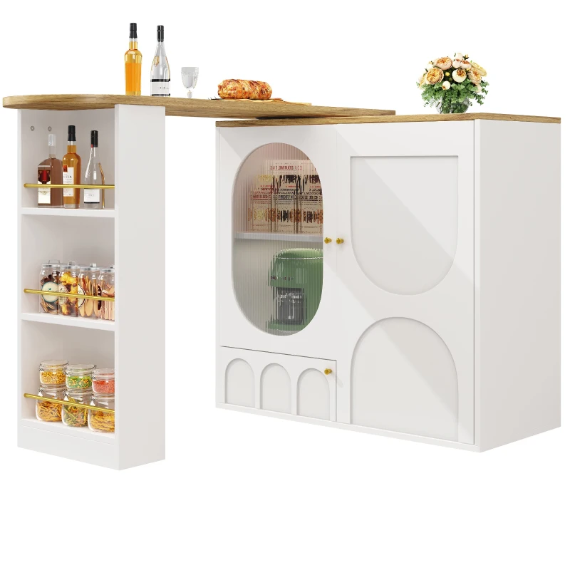 360° Rotating Bar Table with Storage Shelves, Metal Handles, Multi-Functional Dining Table and Sideboard, 204L x 39W x 105H cm, White
