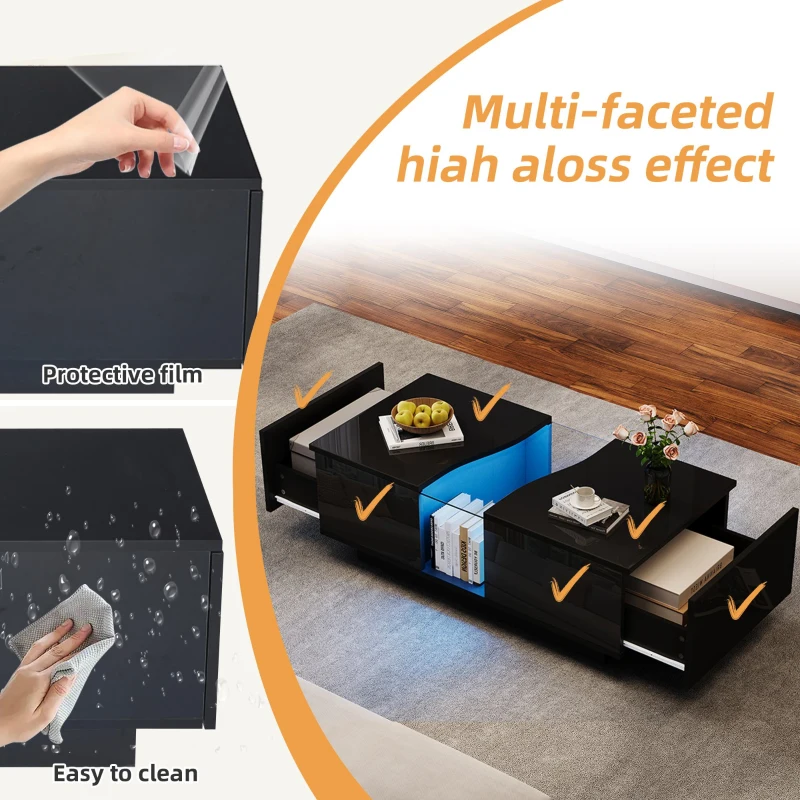 Modern High Gloss Coffee Table with 2 Storage Drawers, Unique Shape Centre Table with Customisable LED Lights, 100L x 50W x 35H cm, Black