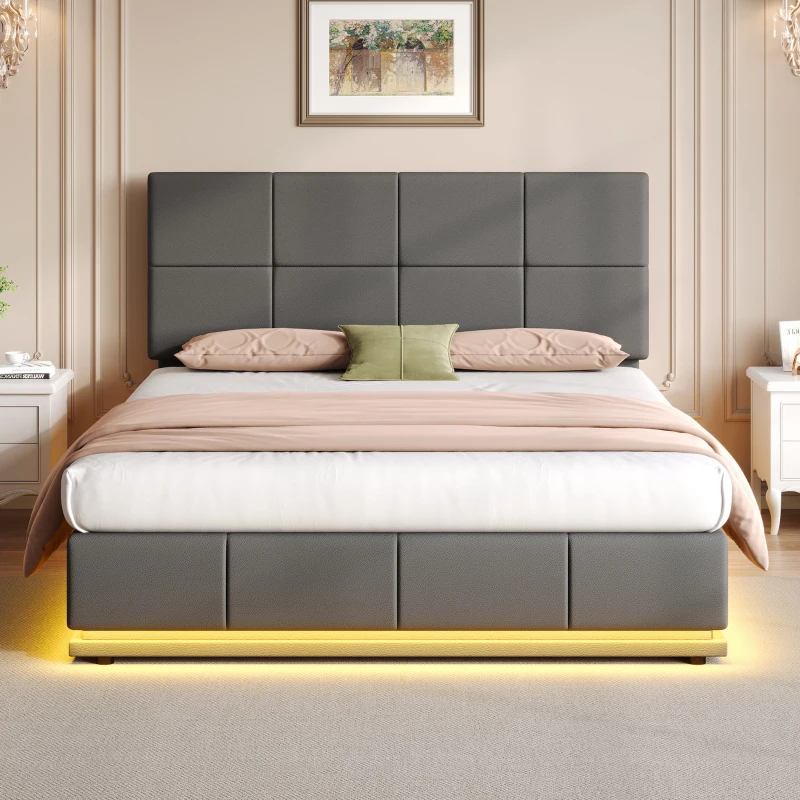 Ottoman Double Bed with PU Leather Finish, LED Lighting, Hydraulic Storage Bed with Adjustable Headboard, 193L x 142W x 111H cm, Grey