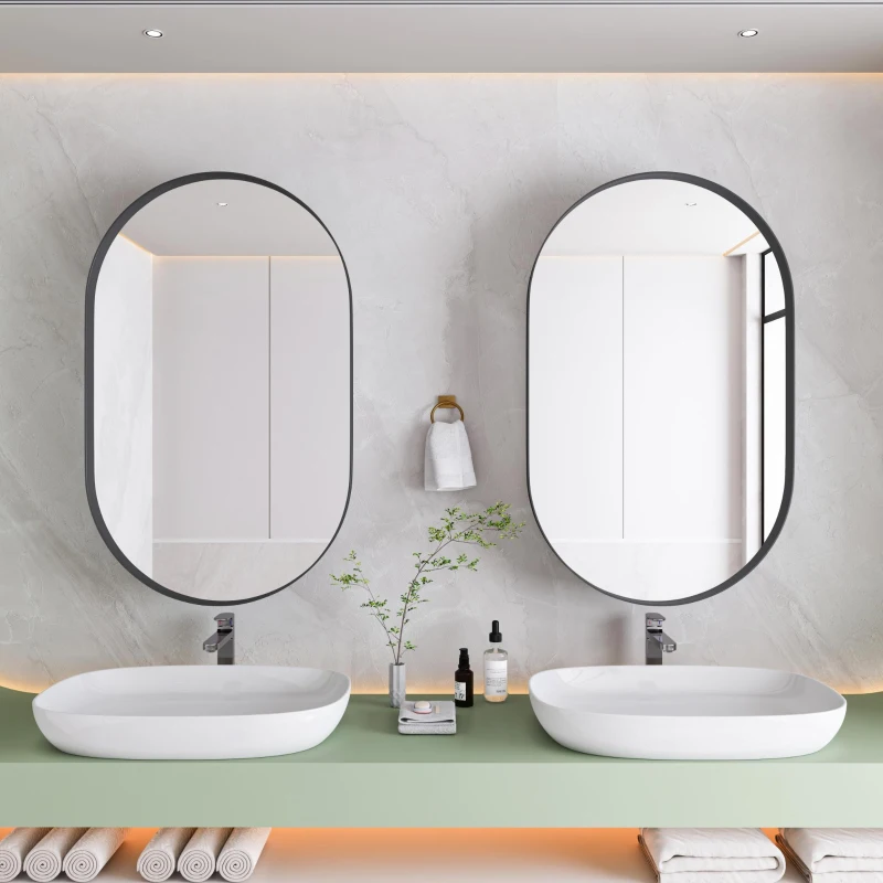 Armadio a specchio ovale da parete, armadietto con specchio e spazio interno per bagno, soggiorno e camera da letto, 85x51,5x12 cm, Nero