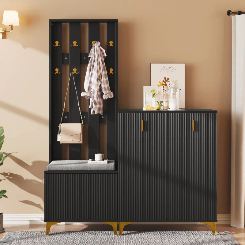 Modern Wardrobe Set with Shoe Bench and Cushion, Gold Hooks, Wavy Texture, Elegant Shoe Cabinet with Drawers and Doors, Black