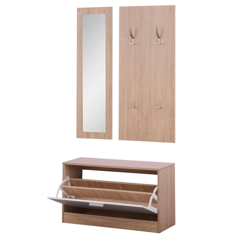 HOMCOM Set 3 Piese Dulap Pantofi cu Cuier si Oglinda pentru Hol in Lemn, 80x27x46.5cm(m-12)