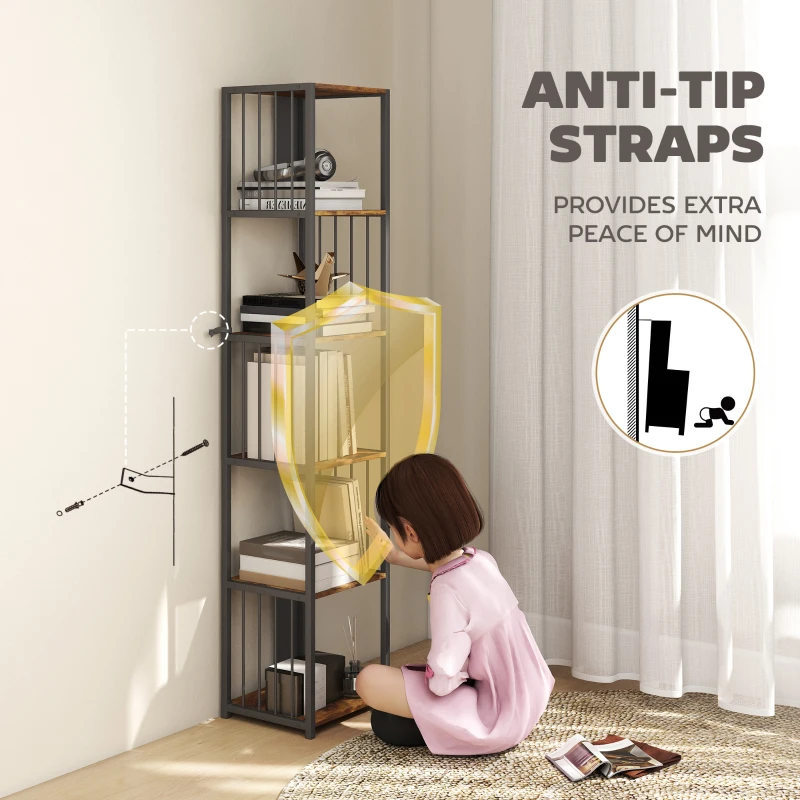 HOMCOM 5-Tier Bookshelf with Steel Frame - Rustic Brown