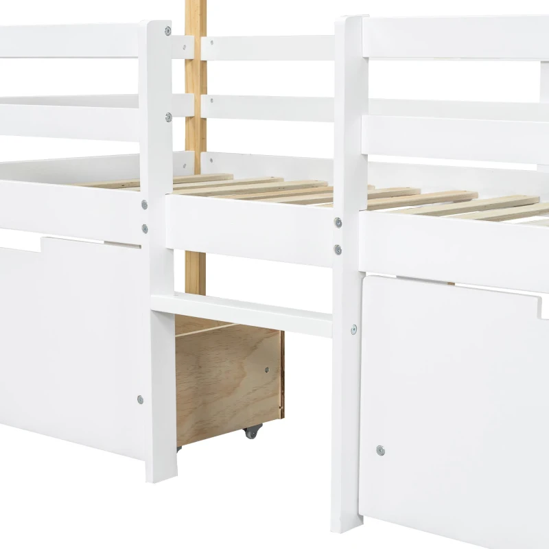 3ft Children's Bed with 2 Storage Drawers, Safety Guardrail, MDF and Pinewood Frame, Roof Design, 201.5L x 95W x 212H cm, White+Natural