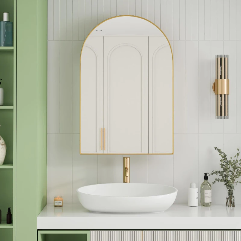 Armoire murale avec miroir arqué et cadre en métal, pour salle de bain, salon et chambre à coucher, 91x61x12 cm, Or