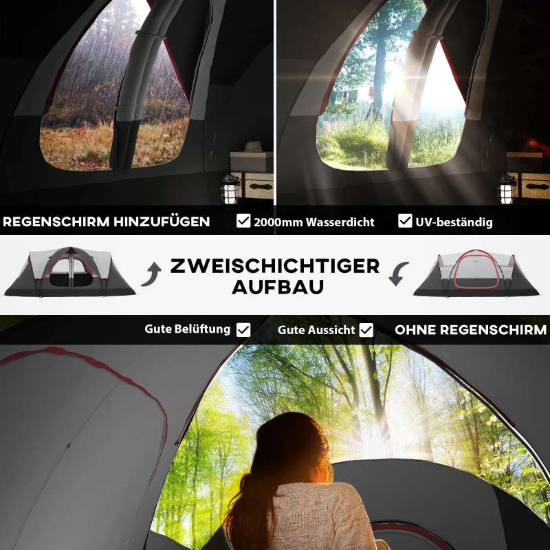 Outsunny Campingzelt, 2 Räume, Trennwand, für 6-8 Personen, Regenschutz, Grau