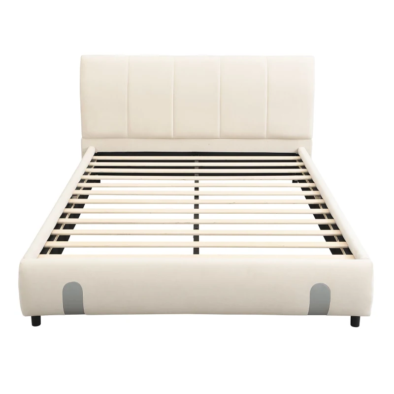 4ft6 Upholstered Double Bed with Durable Frame, Soft Headboard, Sturdy Slats, Velvet Bed for Adults, Teenagers, 213L x 152W x 89H cm, White