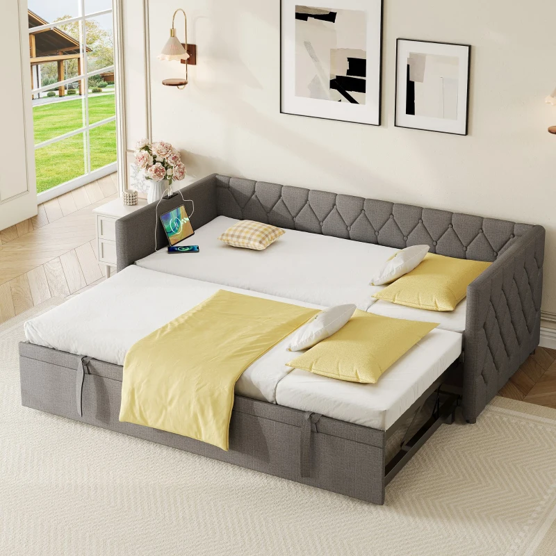 Upholstered Daybed with USB and Type-C Ports, Button-Tufted Pull-out Trundle Bed for Bedroom, Study Room, 206L x 193W x 71H cm, Grey