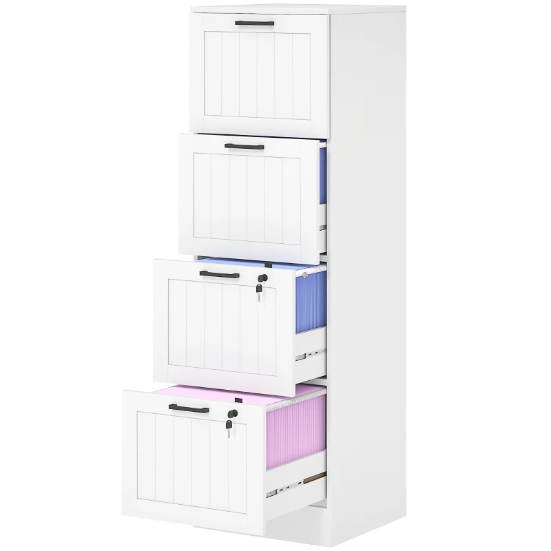 HOMCOM Bürocontainer, Holz-Aufbewahrungsmöbel 4 Schubladen und Schloss, verstellbare Aufhängeschienen, 40 x 40 x 131 cm, weiß