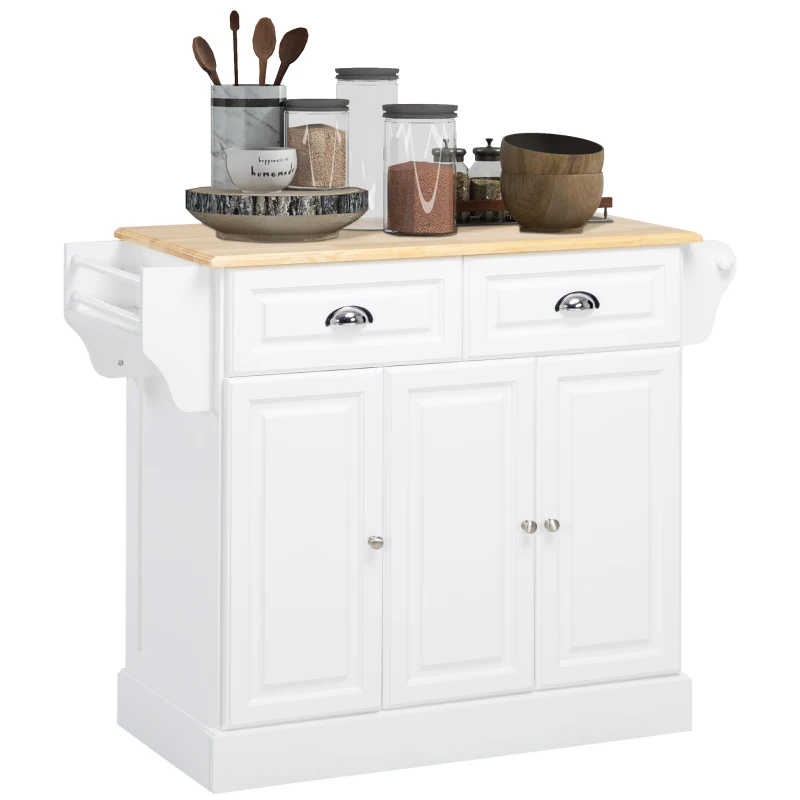HOMCOM Kitchen Island with Storage Rolling Kitchen Serving Cart with Rubber Wood Top Towel Rack Storage Drawer Cabinet White