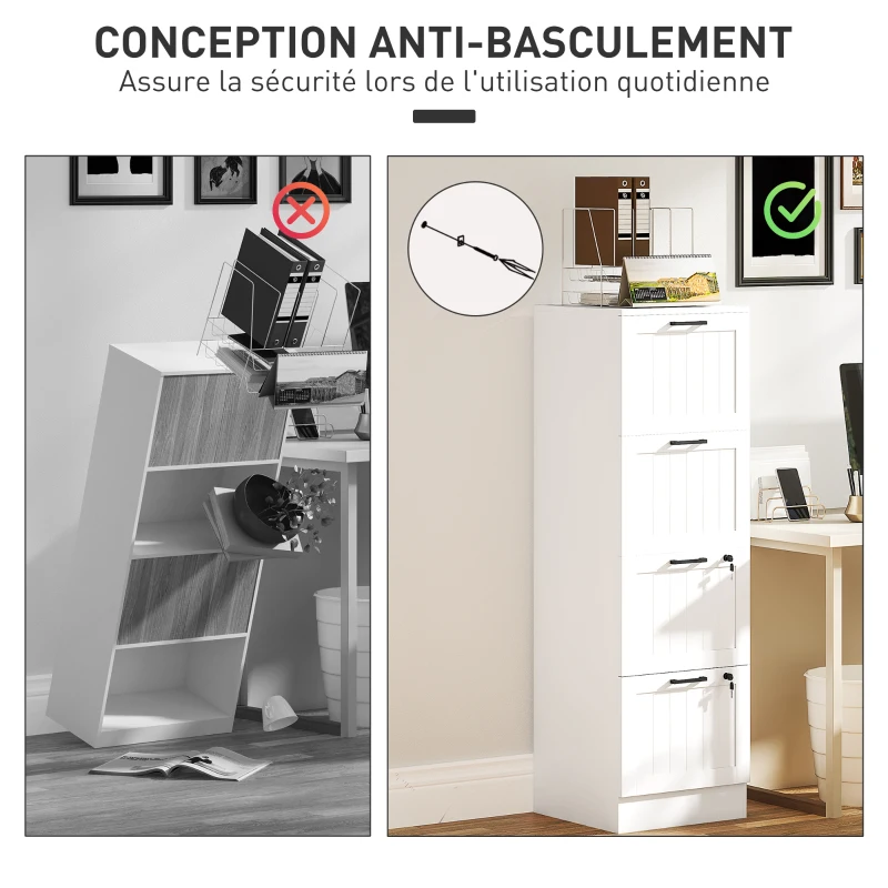 HOMCOM Caisson bureau, meuble rangement bois 4 tiroirs et serrure, barres de suspension réglables, 40 x 40 x 131 cm, blanc