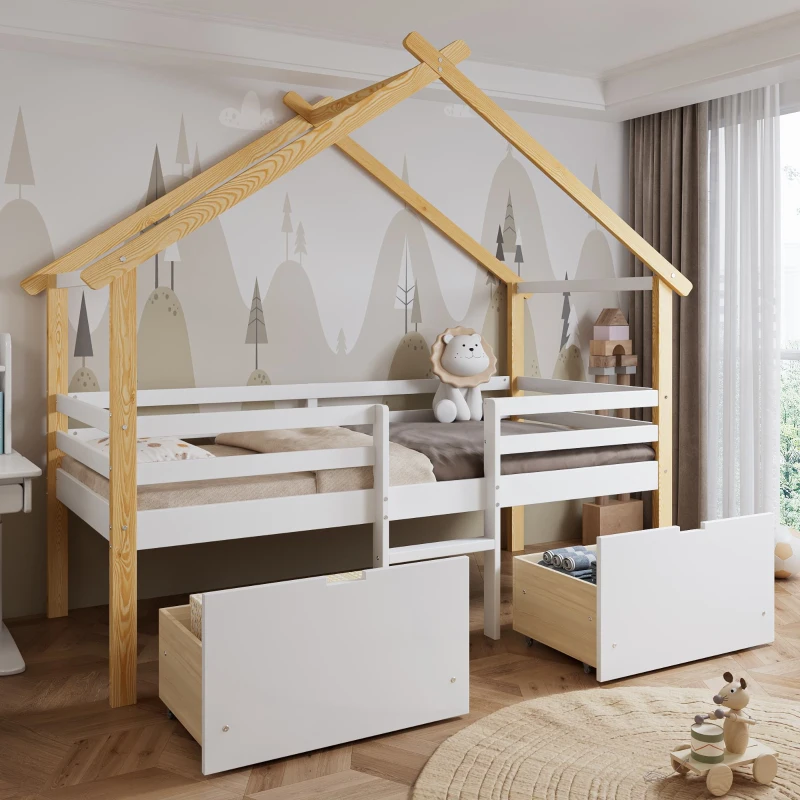 3ft Children's Bed with 2 Storage Drawers, Safety Guardrail, MDF and Pinewood Frame, Roof Design, 201.5L x 95W x 212H cm, White+Natural
