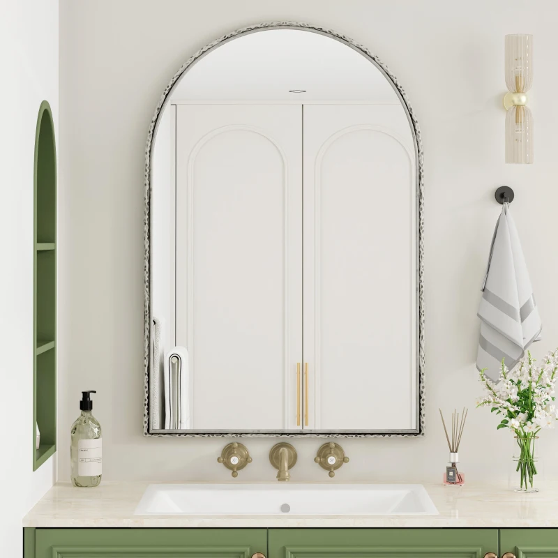 Miroir mural arqué avec cadre en fer, miroir de maquillage pour salle de bain, 61x2,5x91 cm, Argenté