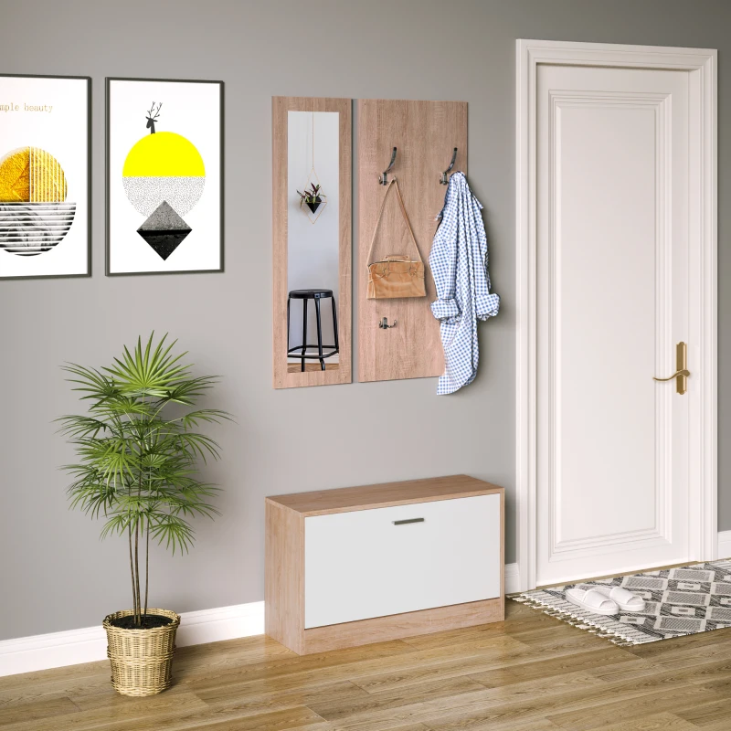 HOMCOM Set 3 Piese Dulap Pantofi cu Cuier si Oglinda pentru Hol in Lemn, 80x27x46.5cm(m-2)
