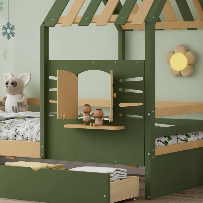 3ft Single Bed with 2 Storage Drawers, Safety Guardrail, Children's Wooden Bed with Faux Roof Design, 197.5L x 97W x 166H cm, Green+Natural