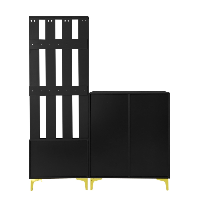 Modern Wardrobe Set with Shoe Bench and Cushion, Gold Hooks, Wavy Texture, Elegant Shoe Cabinet with Drawers and Doors, Black