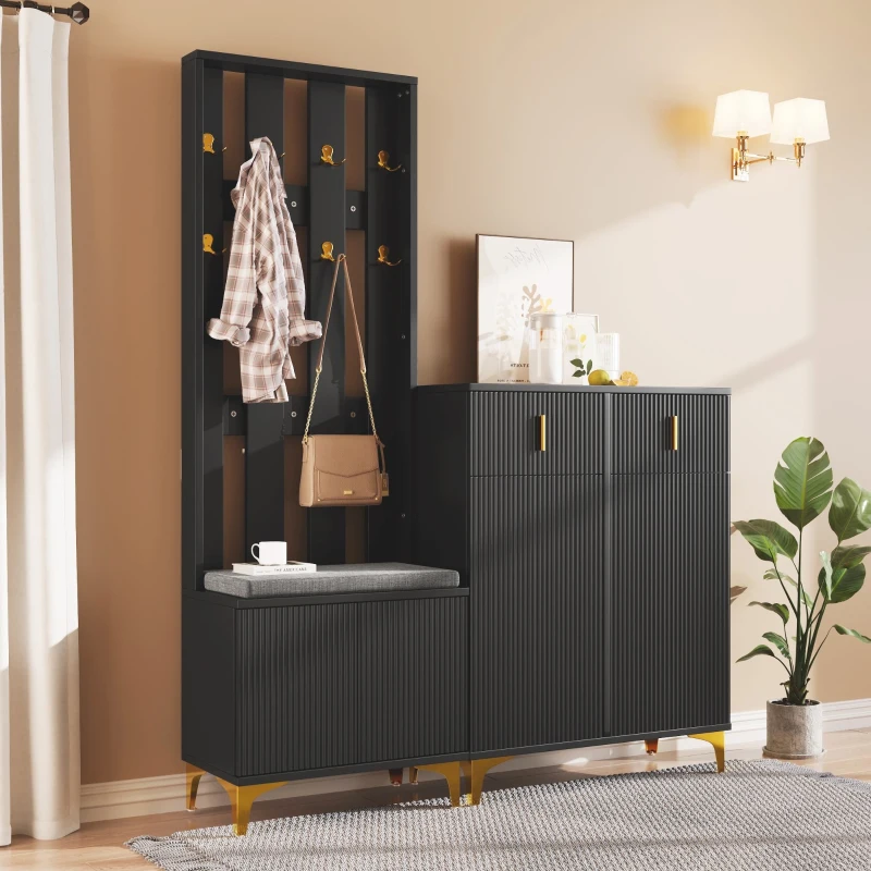 Modern Wardrobe Set with Shoe Bench and Cushion, Gold Hooks, Wavy Texture, Elegant Shoe Cabinet with Drawers and Doors, Black