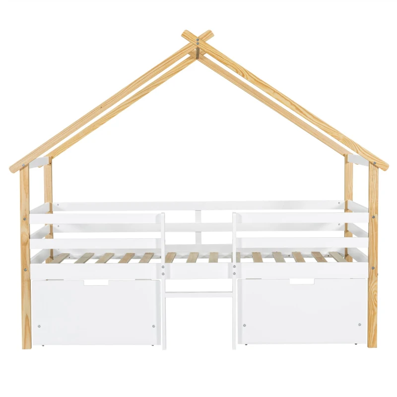 3ft Children's Bed with 2 Storage Drawers, Safety Guardrail, MDF and Pinewood Frame, Roof Design, 201.5L x 95W x 212H cm, White+Natural