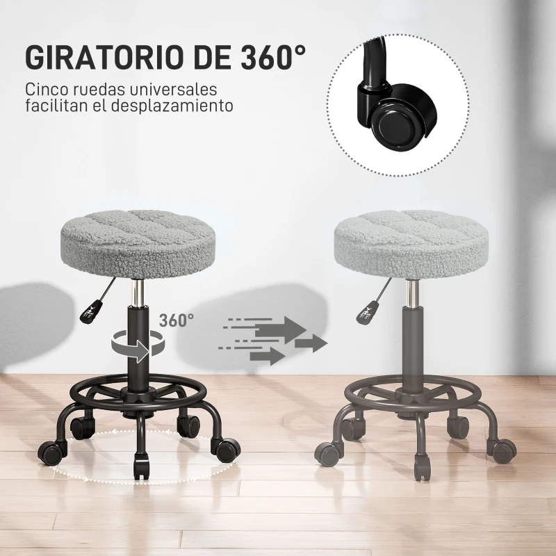 HOMCOM Taburete Giratorio Redondo Taburete con Ruedas Altura Regulable 50-66 cm Asiento Tapizado en Tejido de Borreguito Gris