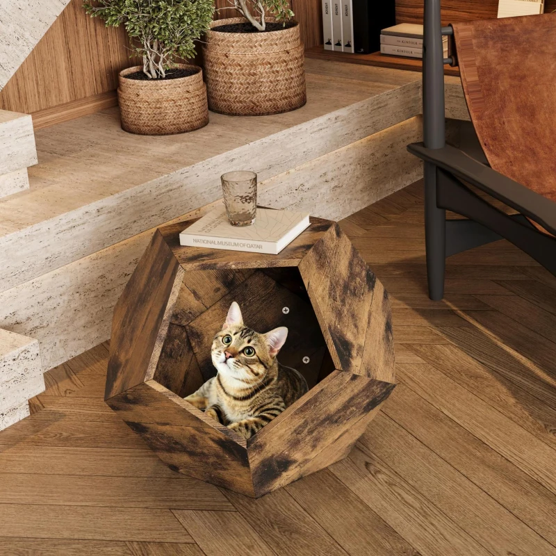 Niche pour chat polygonale avec veinure de bois, table d'appoint pour le canapé, 66x66x53 cm, Marron
