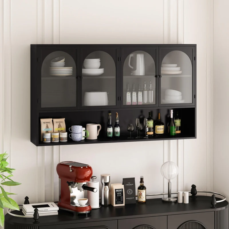 Armoire murale avec quatre portes en verre et étagère, pour cuisine, salon, salle de bain, 120x23x70 cm, Noir