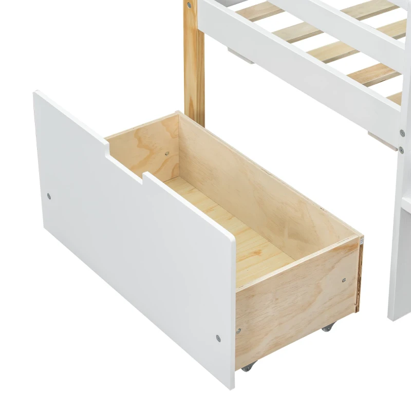 3ft Children's Bed with 2 Storage Drawers, Safety Guardrail, MDF and Pinewood Frame, Roof Design, 201.5L x 95W x 212H cm, White+Natural