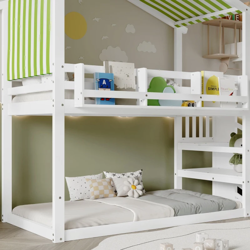 3ft Bunk Bed with Decorative Canopy, Corner Staircase, Picture Bookshelf, MDF and Pinewood Frame, 250L x 108W x 228.5H cm, White+Green