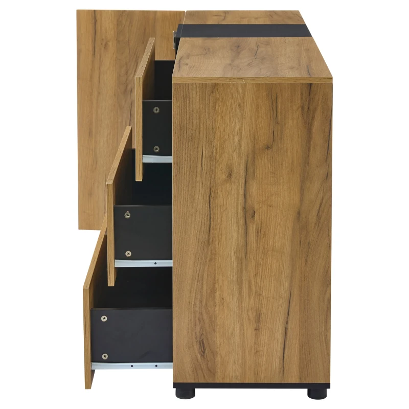 Modern Sideboard with 3 Drawers, LED Lighting, Storage Cabinet with Adjustable Glass Shelves, 140L x 40W x 80H cm, Black+Brown