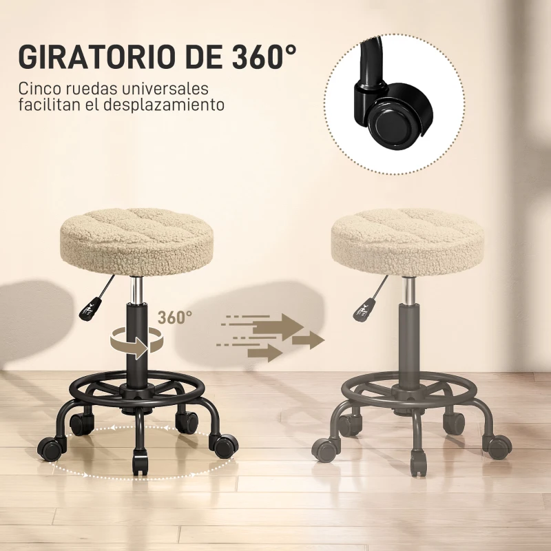 HOMCOM Taburete Giratorio Redondo Taburete con Ruedas Altura Regulable 50-66 cm Asiento Tapizado en Tejido de Borreguito Marrón