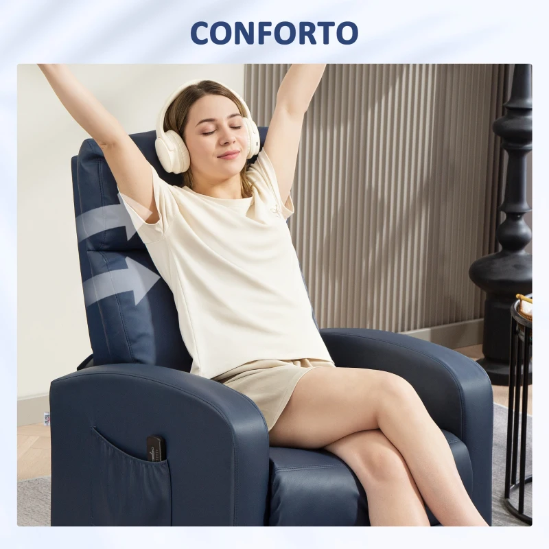 HOMCOM Poltrona de Massagem Reclinável com 2 Zonas de Massagem 8 Programas e 5 Níveis de Intensidade 68x88x98 cm Azul Escuro