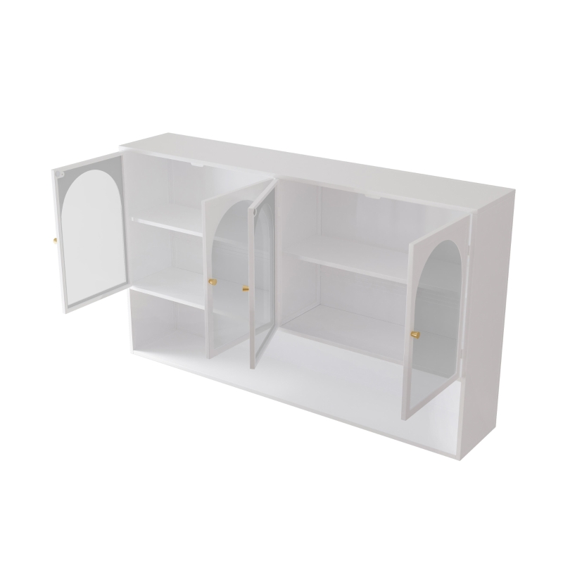 Armoire murale avec quatre portes en verre et étagère, pour cuisine, salon, salle de bain, 120x23x70 cm, Blanc