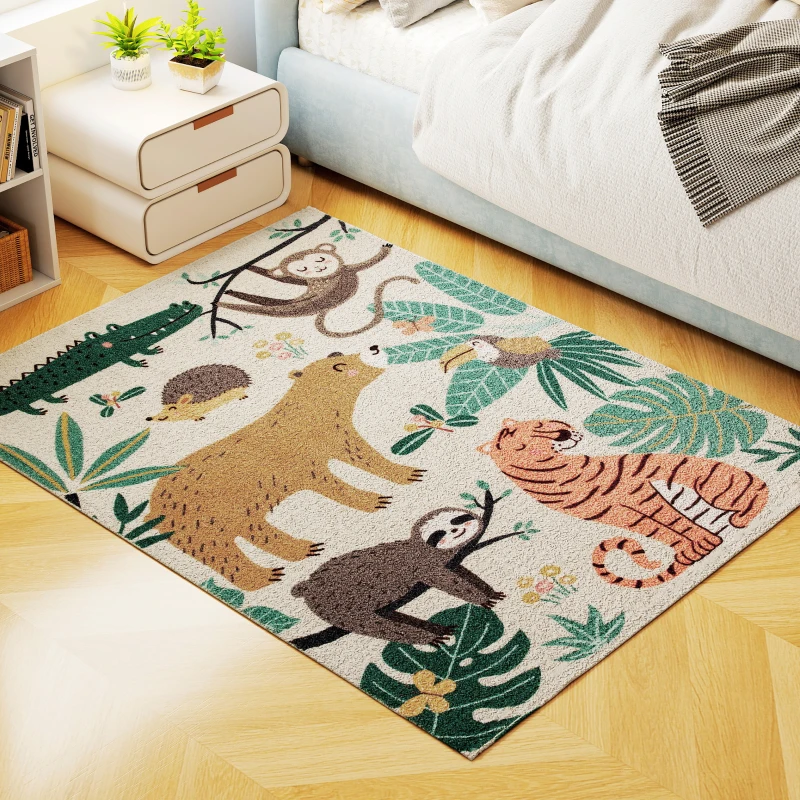 HOMCOM Fleece-Teppich mit Dschungel-Muster, pflegeleicht, Cremeweiß+Bunt