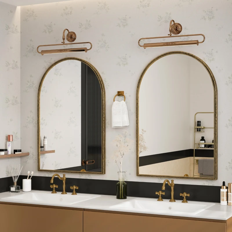 Specchio da parete ad arco con cornice in ferro, specchio da trucco per bagno, 61x2,5x91 cm, Oro